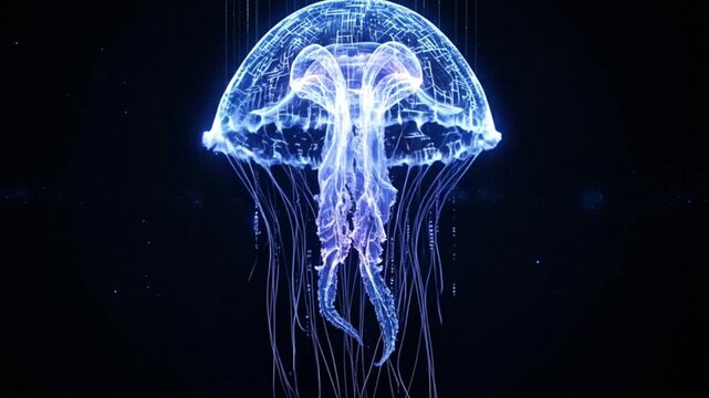 A translucent sea nettle jellyfish glides through the deep blue ocean water, a majestic marine creature pulsing with light against a dark, abstract underwater background in this aquatic nature scene