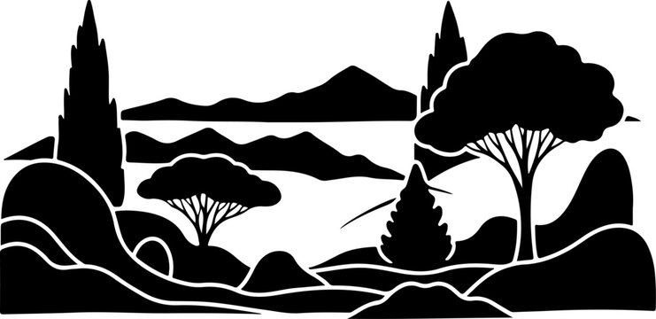 Black silhouette landscape, scenic vector illustration, mountain lake scene, tree forest icons