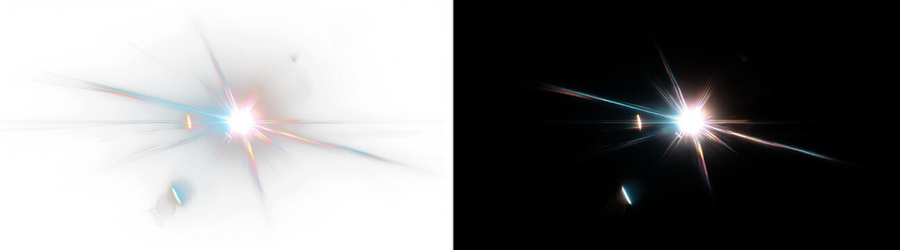 A colorful light flare with blue and pink rays on transparent and black backgrounds.