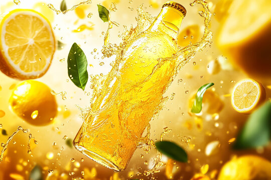 A vibrant 0.5L bottle of lemon drink captured mid air, surrounded by splashes, lemon slices, and green leaves, showcasing a refreshing summer vibe.