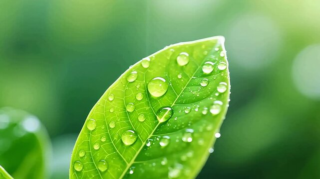 Fresh green leaf with dewdrops