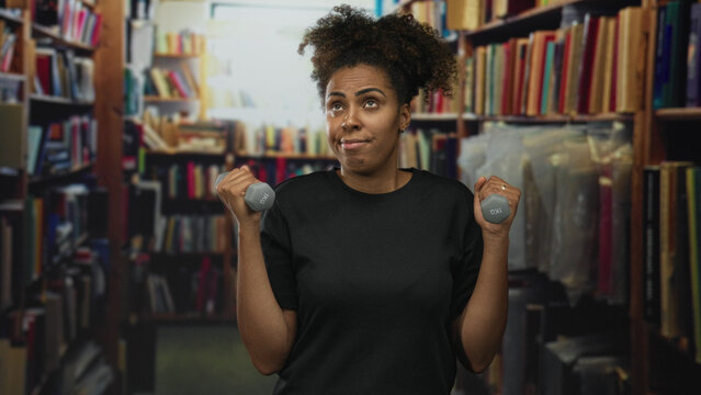 Woman holding small dumbbells and shrugging with raised elbows in a library building between bookshelves; study stress frustration.