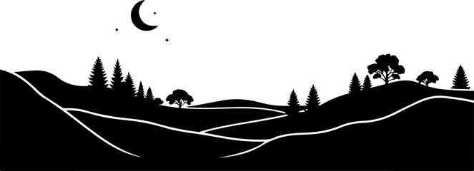 Obraz premium Black silhouette landscape, moonlit hills, trees, and roads, vector scenic view