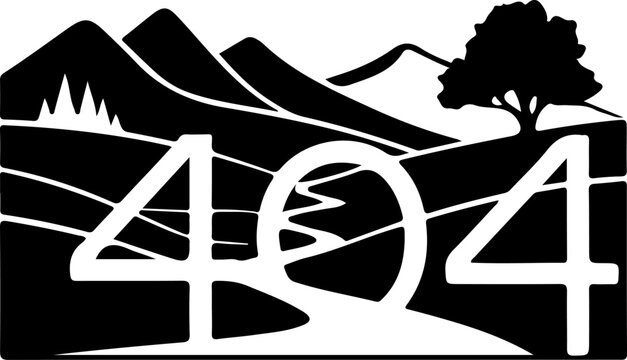 404 error page illustration, vector landscape with road, mountain range, and tree, black and white design