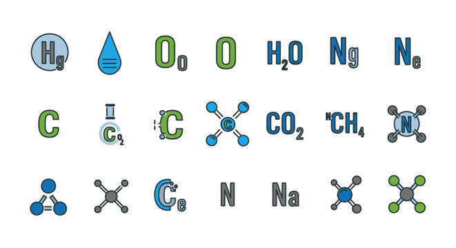 Collection of chemical element symbols and molecular structure icons for science education