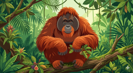 Obraz premium Orangutan Vector Illustration in Tropical Rainforest