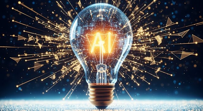 Bright futuristic light bulb exploding with digital sparks against space background