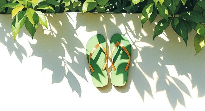 Green flip flops on a sun-drenched terrace under tropical leaf shadows, with copy space. This watercolor illustration is ideal for travel blogs, summer brochures and vacation posters.