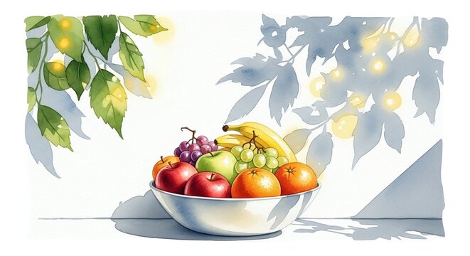 Watercolor bowl of mixed fruits under a sunlit leaf canopy, with copy space. This luminous illustration is ideal for health blogs, nutrition websites, recipe books and kitchen wall art.