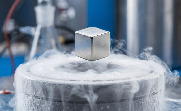 Metallic cube levitating over a frosted magnetic superconductor in a physics laboratory