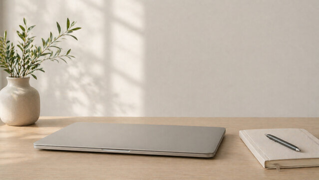 closed laptop with notebook and pen on clean desk soft daylight workspace