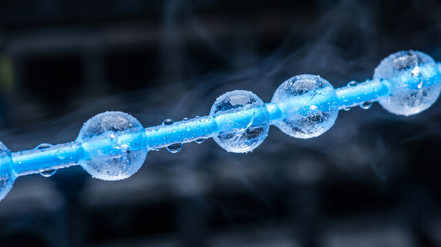 Macro photography of frozen ice droplets on a blue fiber optic cable in cold vapor