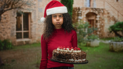 Fototapeta premium Woman holding chocolate cake and smiling, curly haired teenager wearing santa hat and red sweater in front of stone building courtyard; holiday joy.
