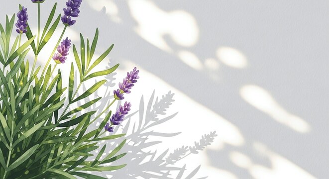 Blooming lavender bush with purple flowers, with copy space. Soft sunlight filtering through leaves creates botanical shadows on a white wall for aromatherapy blogs and spa designs.