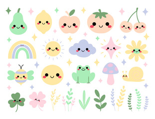 Fototapeta premium Cute Fruit, Weather, Insect and Nature Sticker Set with Smiling Cartoon Characters