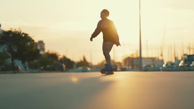 Tattooed woman rollerskating on an empty street at sunset
