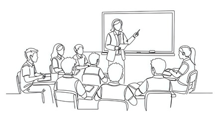 Obraz premium Illustration of business meeting or lecture with line art business presentation classroom