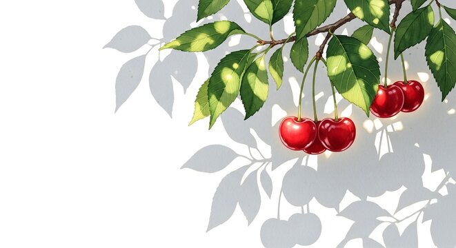 Ripe red cherries on a branch with green leaves, with copy space. Luminous sunlight filters through the foliage casting soft shadows on the wall for summer food blogs and fruit menus.