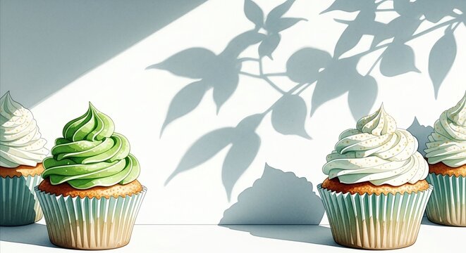Pistachio and mint cupcakes with whipped cream swirls, with copy space. Gentle leaf shadows on the wall create a fresh morning light effect for bakery menus, food blogs and posters.