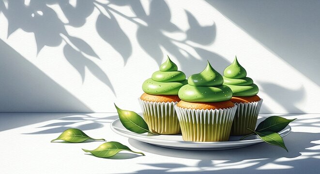 Matcha cupcakes with green frosting and fresh tea leaves, with copy space. Sun rays and plant shadows on the wall create a peaceful morning mood for pastry blogs and cafe menus.