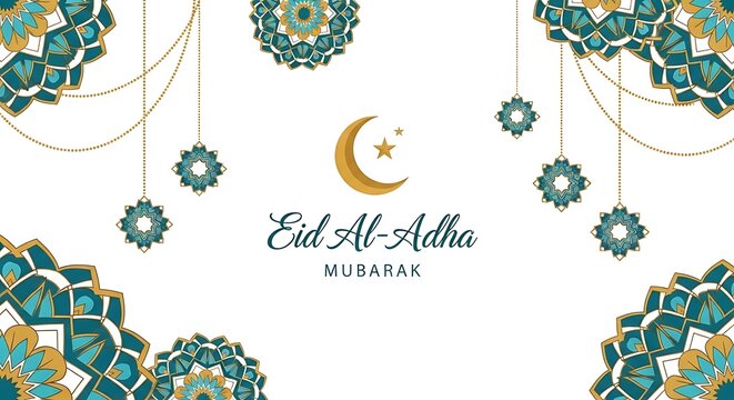 Festive Eid al-Adha mubarak with crescent moon and traditional Islamic decorations