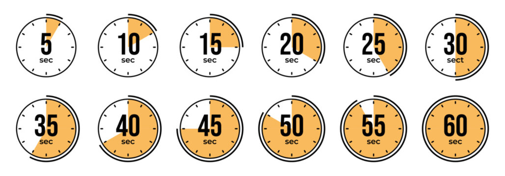 Countdown timer icons showing 5 to 60 seconds intervals for interface
