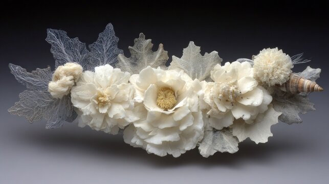 Intricate arrangement of white floral elements and natural objects displayed against a dark gradient background