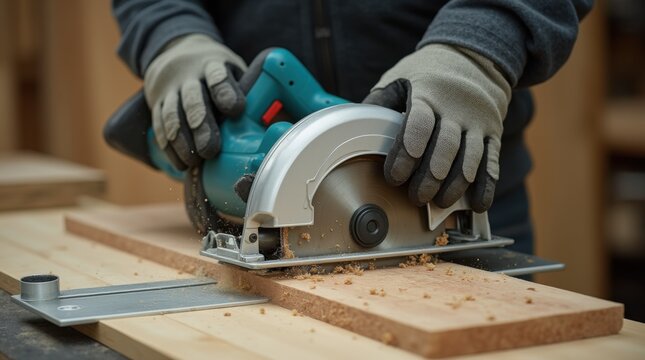 Carpenter wears gloves using circular saw to cut wood plank. Sawdust flies as tool cuts timber. Safety guard is in place during woodworking task. 
