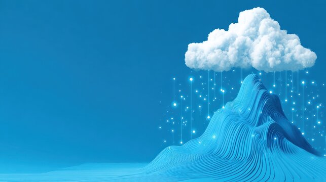 Digital data streams descend from a fluffy white cloud onto a stylized blue mountain peak.