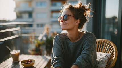 Fototapeta premium Young woman in sunglasses enjoying a sunny morning on a balcony with coffee and a peaceful smile.