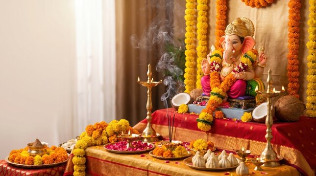 Ganesh Chaturthi procession concept, colorful street celebration with large Ganesha murti, joyful devotees, drumming, flower petals, vibrant banners, festive crowd, smoke and lights