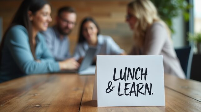 Handwritten lunch and learn note on rustic wooden office meeting table with blurred professional team collaborating in background during corporate training workshop seminar session development.