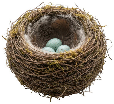 Rustic bird nest cutout Natural nest png Speckled egg cutout Blue eggs png Delicate bird home cutout Spring nest cutout New life concept png Robin eggs cutout isolated transparent background image