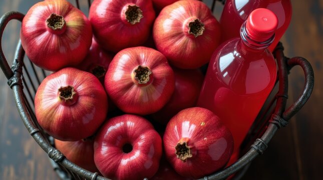 Overhead shot of pomegranates and bottled red juice in a metal basket on wooden surface 
