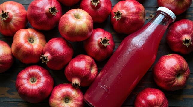 Overhead shot of pomegranates and bottled red juice in a metal basket on wooden surface 
