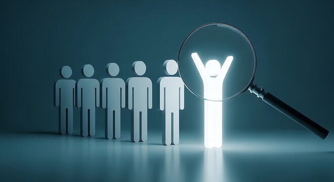 A glowing human figure highlighted by a magnifying glass among a group of plain figures on a dark background standing out from the crowd concept