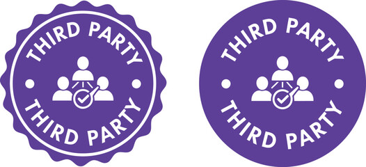 Purple third party certification badge icons with people and checkmark for business approval and partnership © MDSafwan