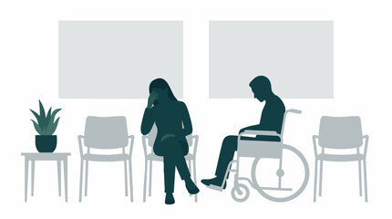 Fototapeta premium Distressed people, including man in wheelchair, waiting in a silent room