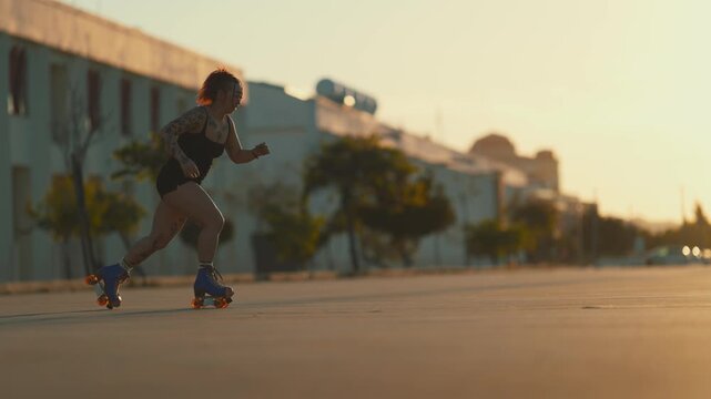 Tattooed woman performing a pistol squat trick on roller skates at sunset