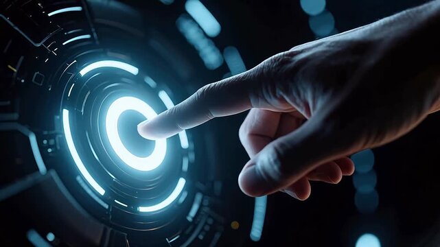 finger touches futuristic blue glow