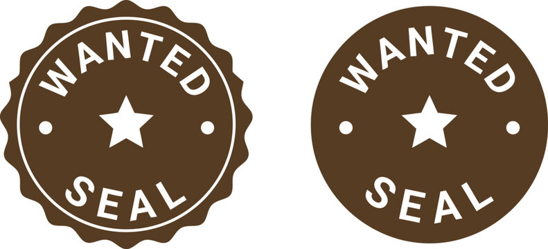 Vintage brown wanted seal badge icons with star, vector isolated stamp design for labels and branding