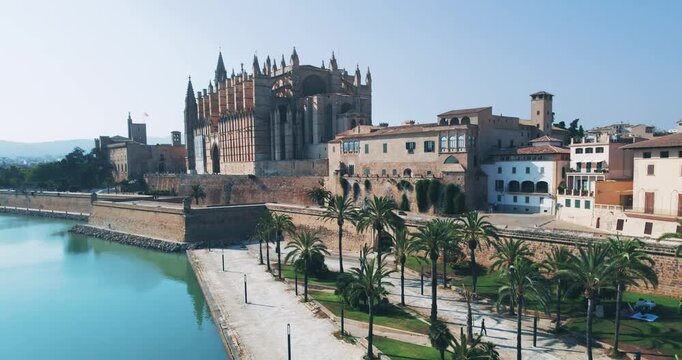 Palma Cathedral and Parc De La Mar Aerial View Mallorca Spain