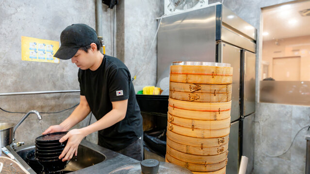Taiwanese restaurant kitchen and xiaolongbao preparation