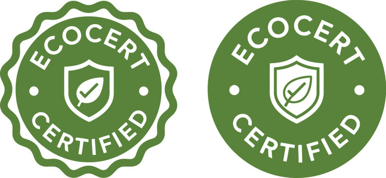 Green Ecocert Certified Badge Icons for Organic Eco-Friendly Product Labeling and Sustainable Packaging Design