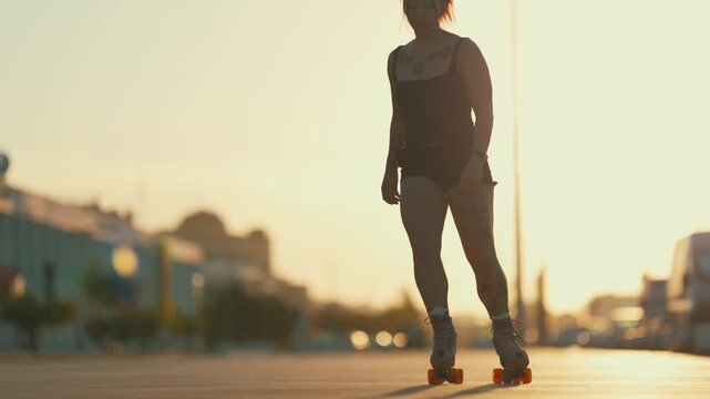 Tattooed woman rollerskating on the street at sunset