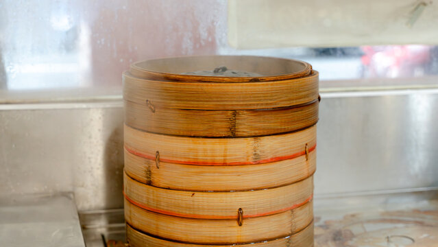 Traditional Taiwanese bamboo steamer with xiaolongbao