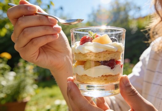 Close up of a person holding a fruit trifle in a glass. Layered dessert with cream, sponge cake, and fresh berries in a sunny garden. Healthy summer snack and outdoor dining concept