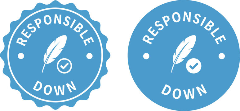 Responsible Down Certification Badge Icons with Feather and Check Mark in Blue Circle Vector Set