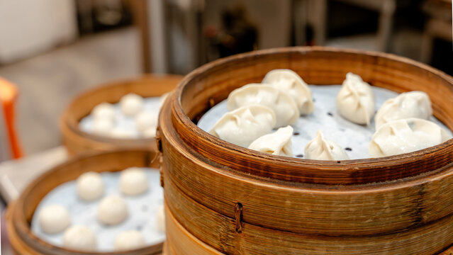Traditional taiwanese dumplings in bamboo steamers