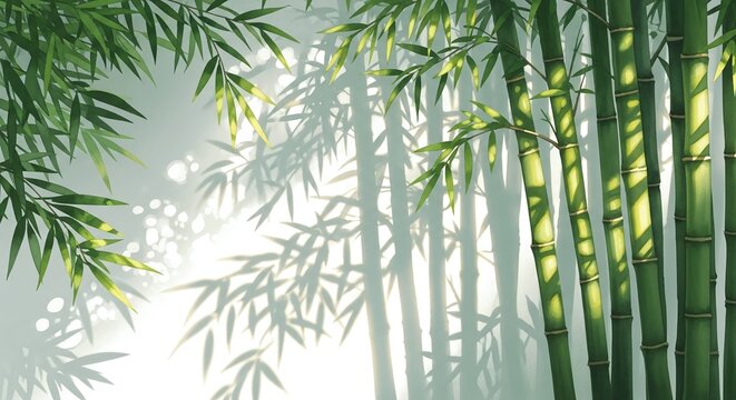 Green bamboo stalks and leaves in a misty forest, with copy space. This serene nature illustration is suitable for wellness blogs, spa websites, and eco-friendly packaging design.